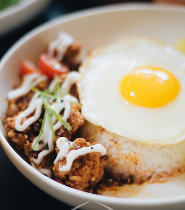 Spicy Kip Mayo Rice — fried rice, sambal, sunny-side egg, fried chicken
